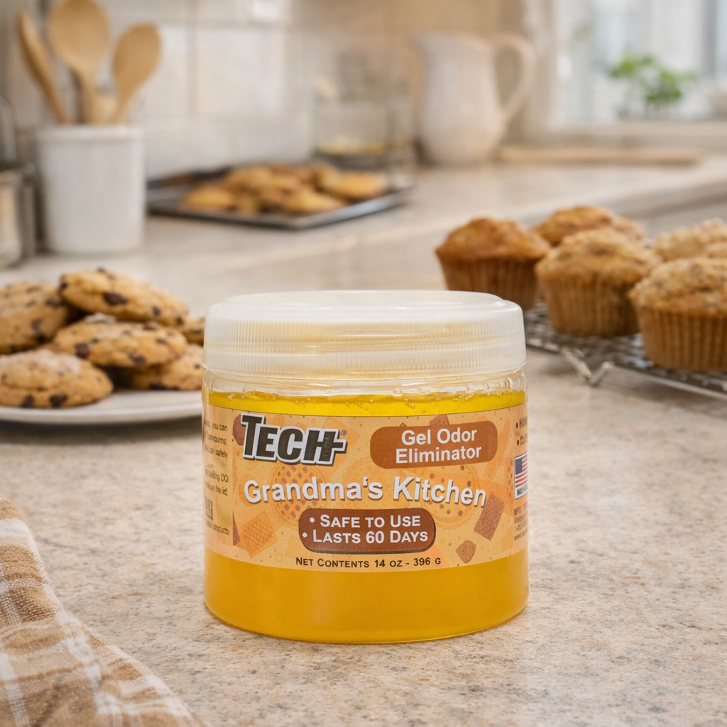 TECH Gel Odor Eliminator Grandmas Kitchen with cookies in the background on a counter