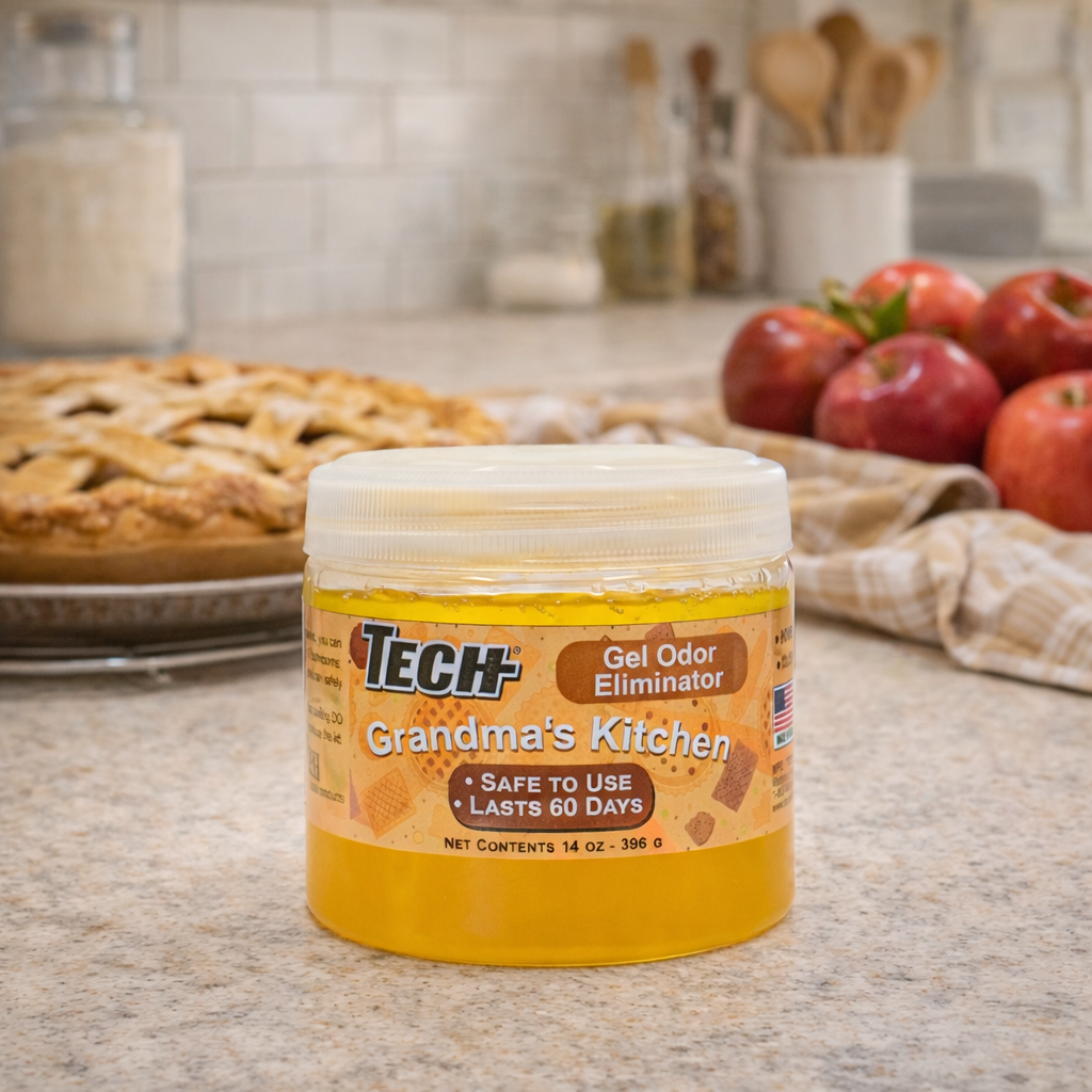 Tech Gel Odor Eliminator Grandma's Kitchen on a kitchen counter with apples and a pie in the background.
