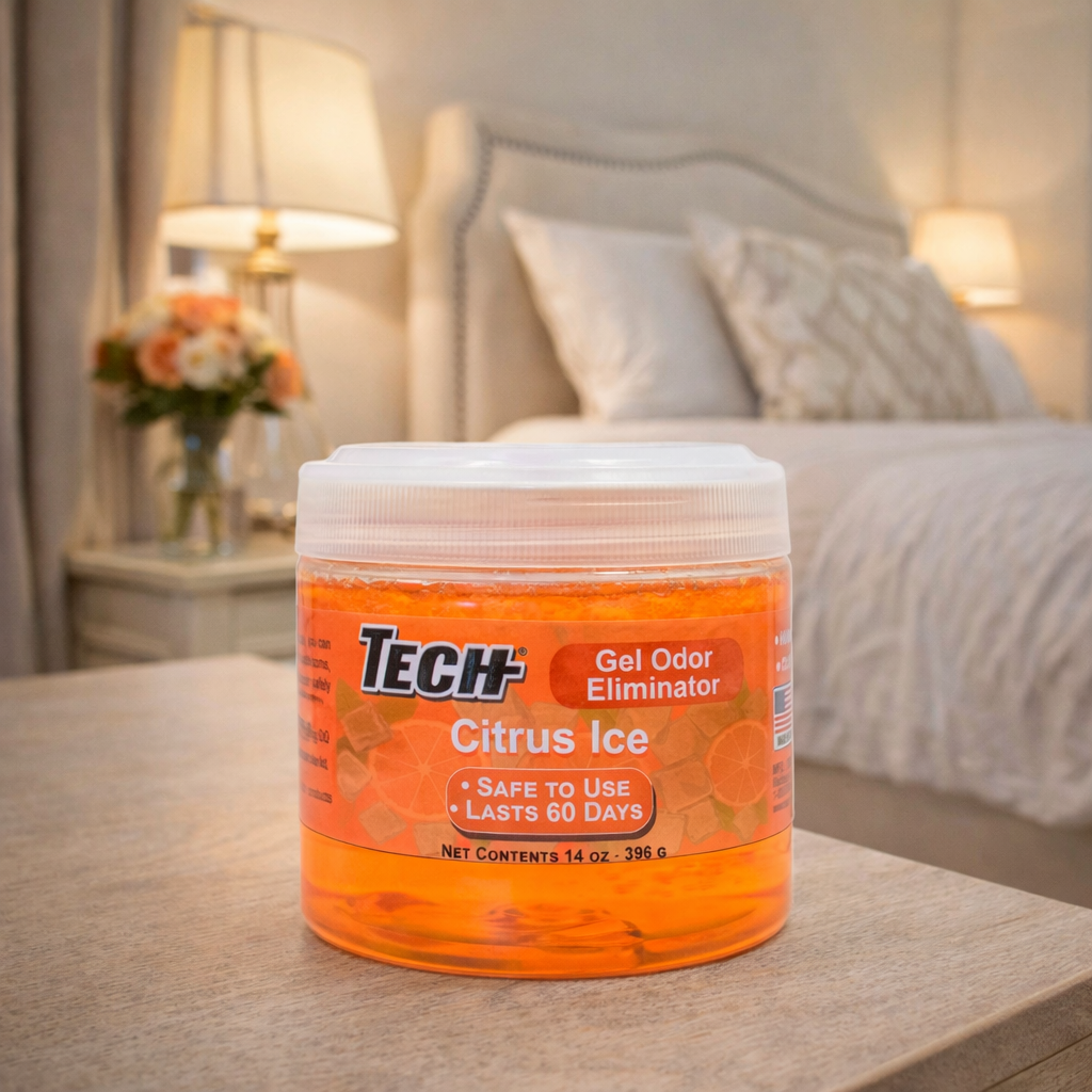TECH Gel Odor Eliminator Citrus Ice on a table in a bedroom in the background
