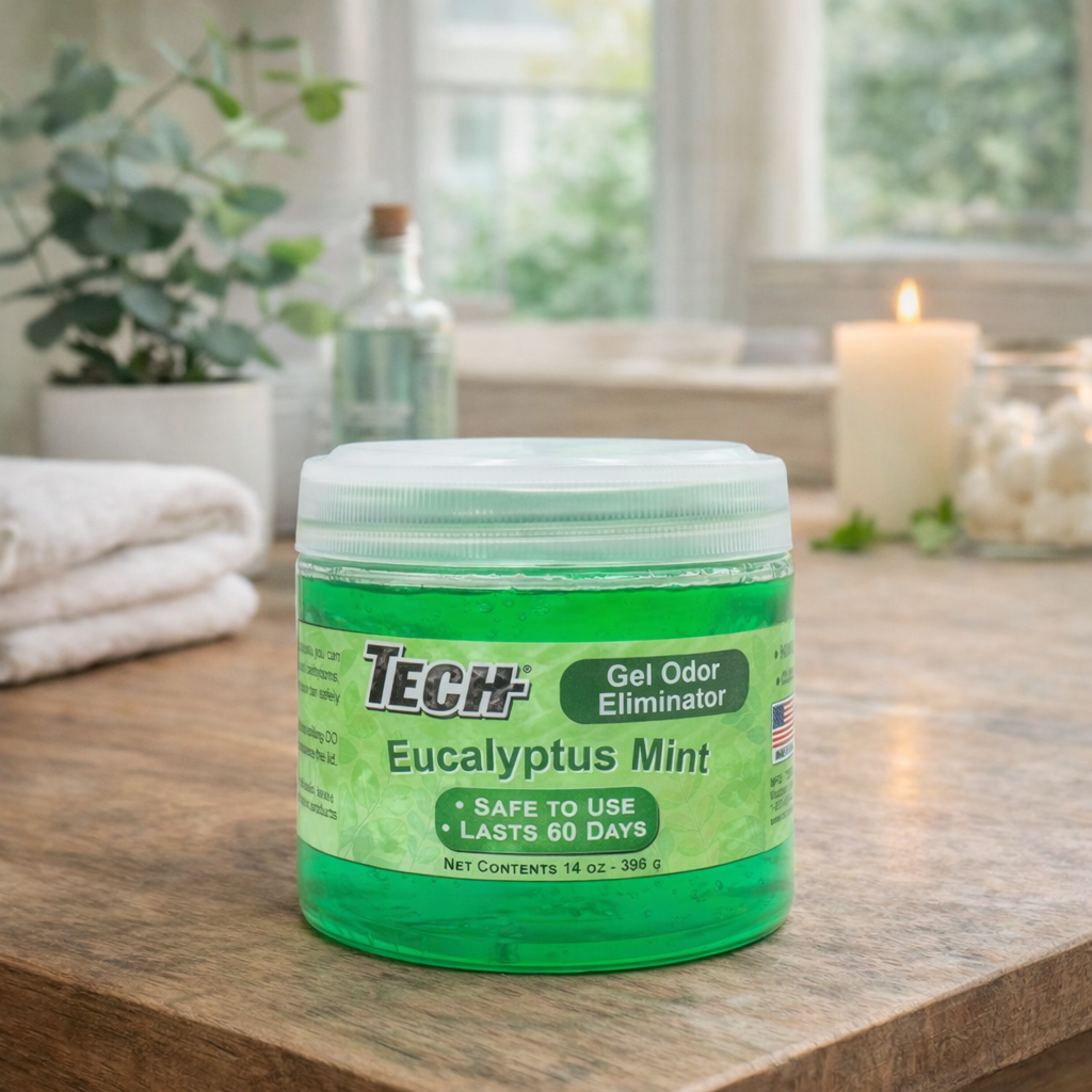 TECH Gel Odor Eliminator Eucalyptus Mint in High End Bathroom Lifestyle shot