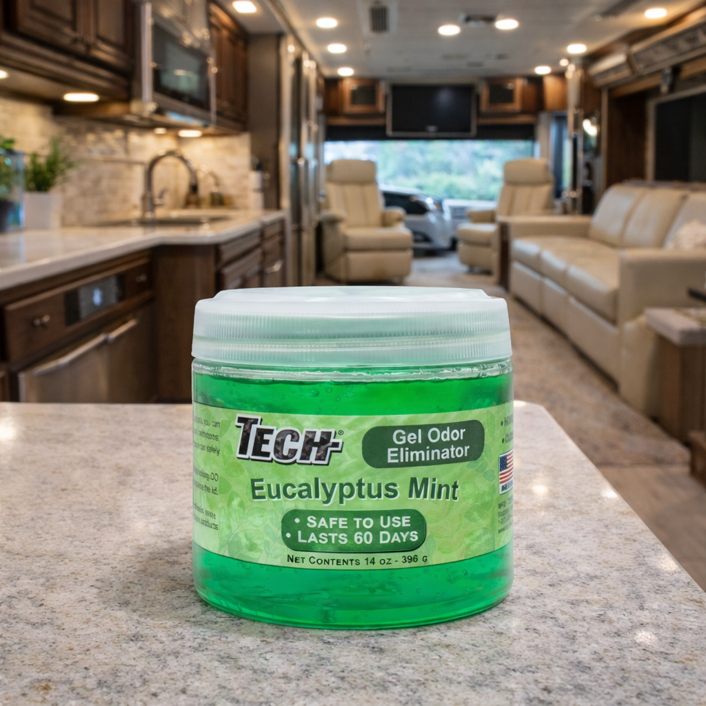 TECH Odor Eliminating Gel Eucalyptus Mint in a High End RV Lifestyle Shot
