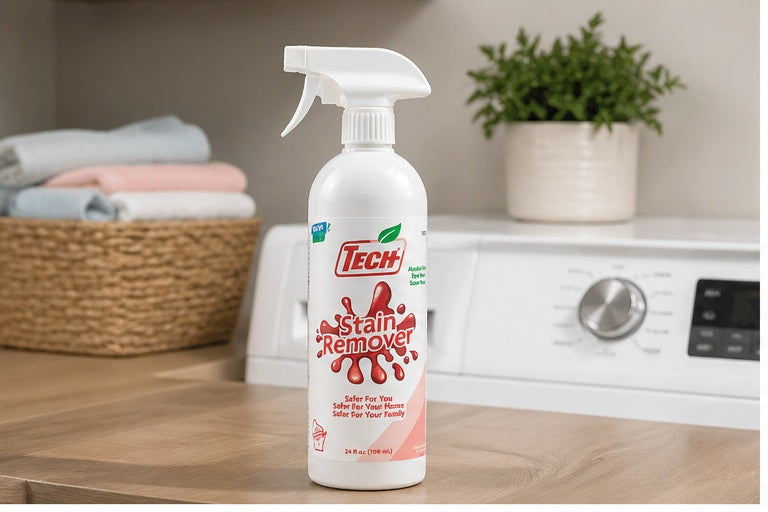 TECH Stain Remover 24 oz on a laundry room counter