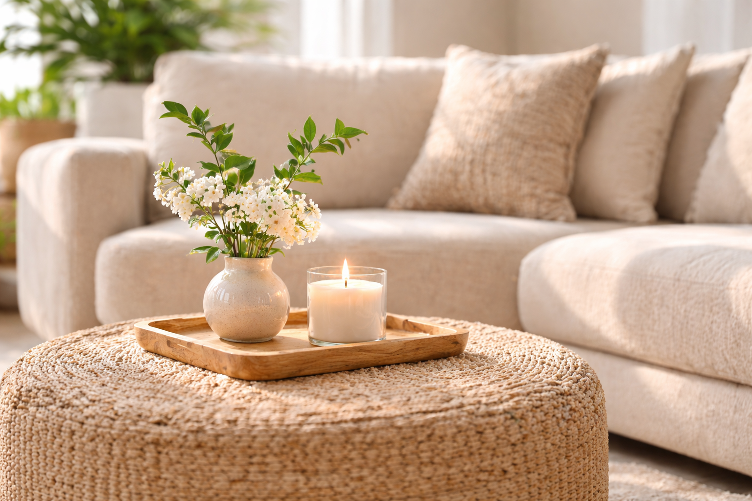 Clean upholstered sofa in a bright living room