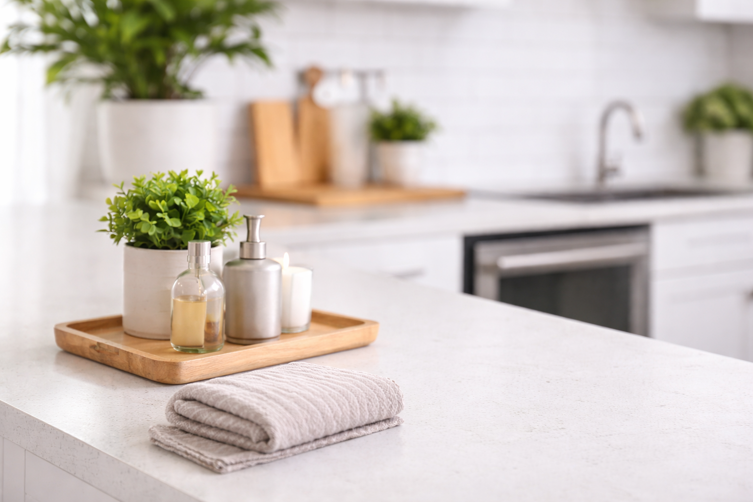 Clean kitchen countertop with plants and towel
