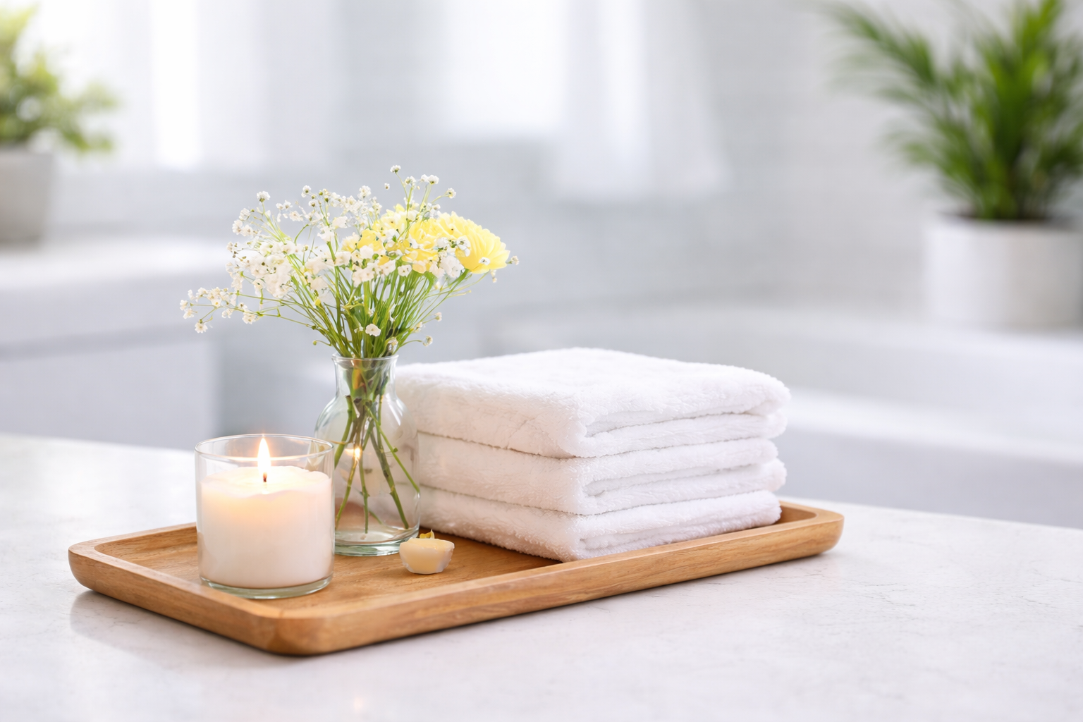 Fresh towels with flowers and candle