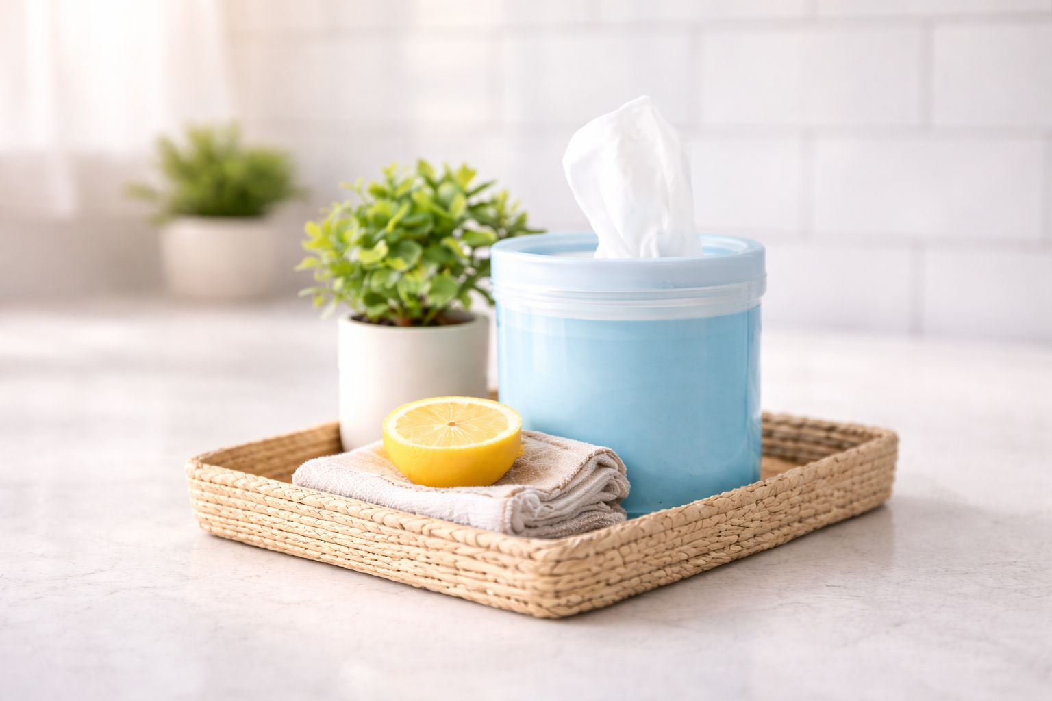 Cleaning wipes container with lemon and towel