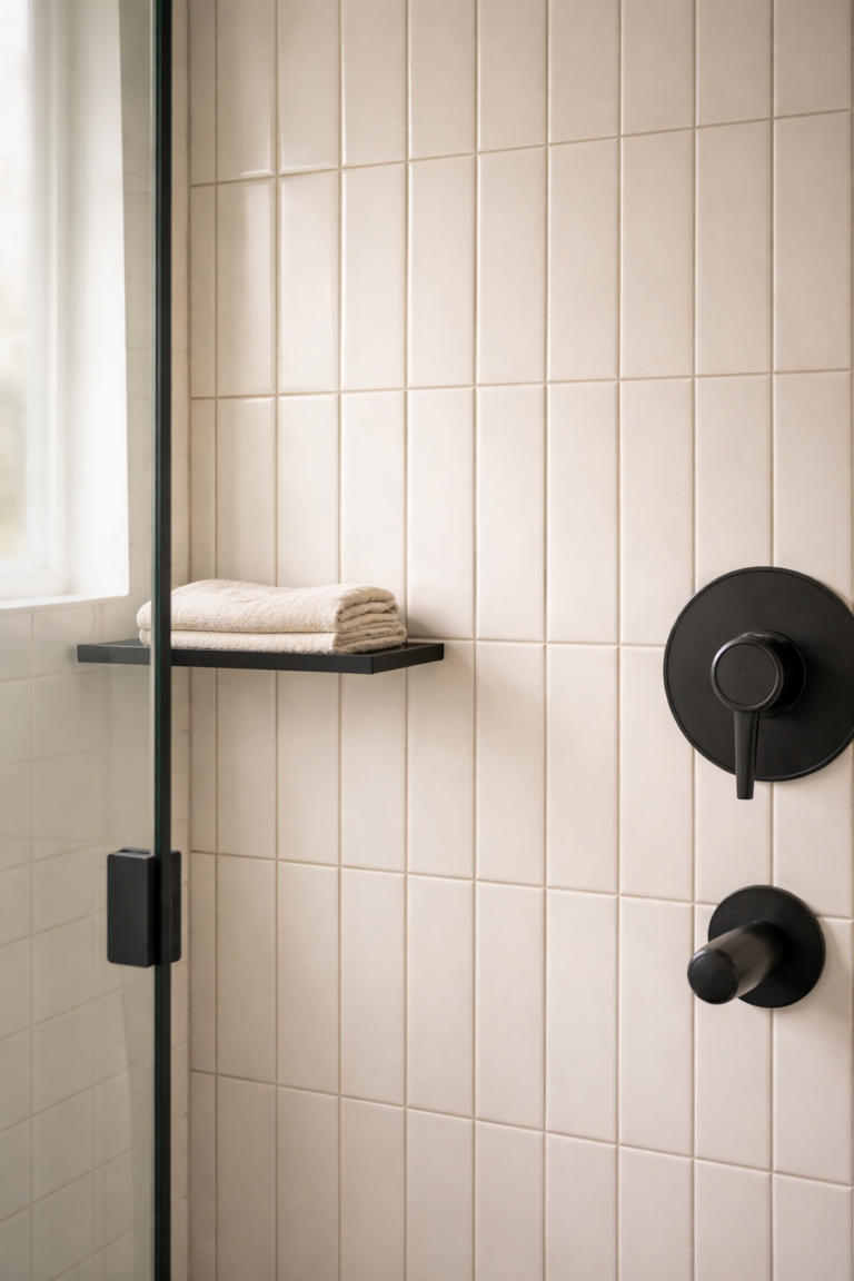 Clean white tile shower with matte black fixtures