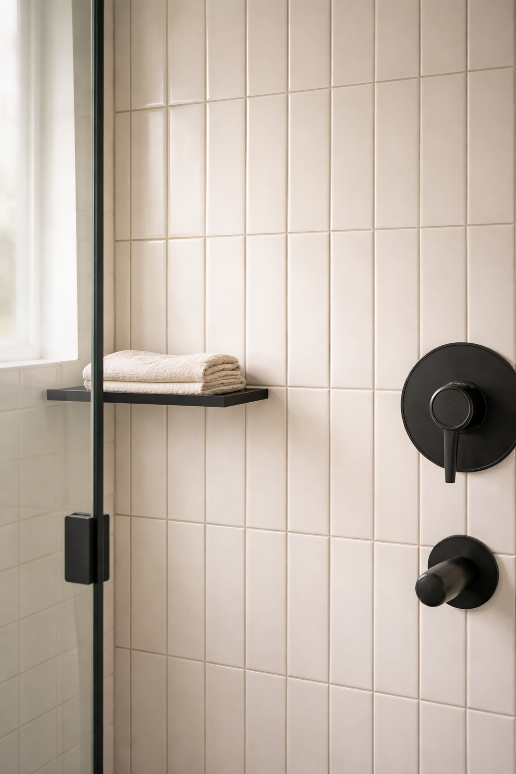 Clean white tile shower with matte black fixtures