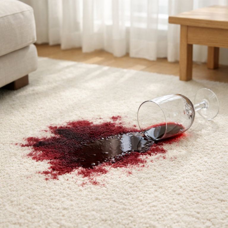 Red wine glass spilled on white carpet